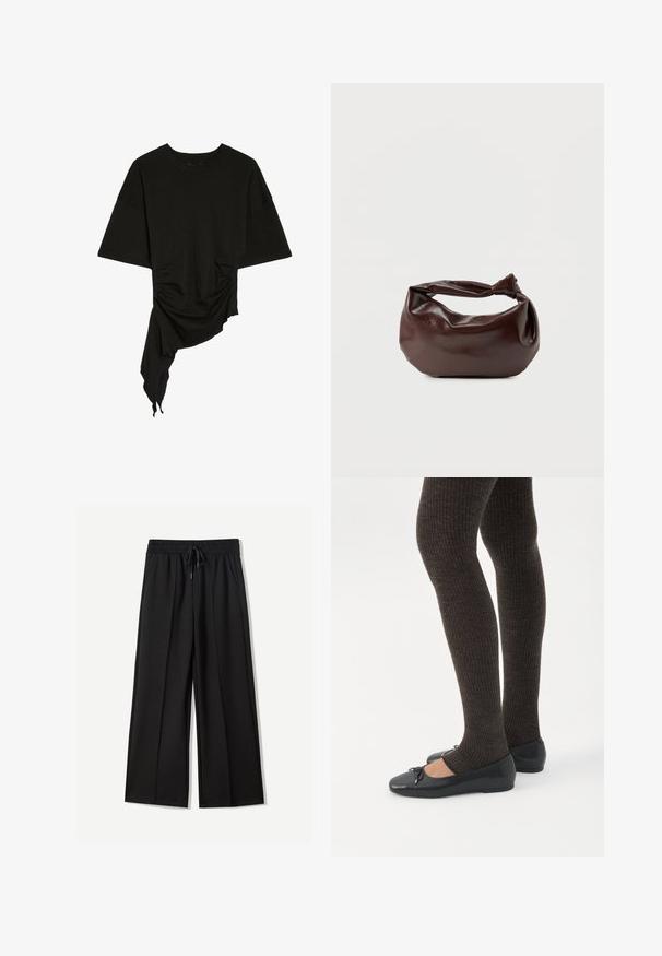 Zwart kort mouw shirt met ronde hals, asymmetrische zoom, zijkant plooien en gedrapeerde stof aan één zijde.; Zwarte wijde broek van zachte stof. Voorzien van een elastische tailleband met een trekkoord en twee zijzakken. Platte voorkant met plooien.; Benen met donkere geribbelde leggings gecombineerd met zwarte ballerina's met kleine strikdetails op een witte achtergrond.; Donkerbruine leren schoudertas met een zachte, slungelige vorm en een gedraaide knoopvormige handgreep op een effen witte achtergrond.