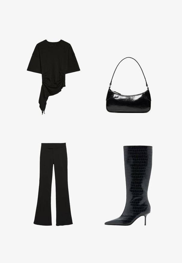 Top noir à manches courtes avec encolure ronde, ourlet asymétrique, fronces latérales et tissu drapé d’un côté.; Pantalon évasé noir pour femmes avec une taille haute et une coupe élégante et ajustée, présenté sur un fond blanc.; Botte noire jusqu'au genou à talon aiguille avec un bout pointu, texture croco brillante et silhouette élégante. Caractérisée par un talon fin et haut.; Sac à épaule en cuir noir brillant avec un seul compartiment zippé et une fine bandoulière arquée.