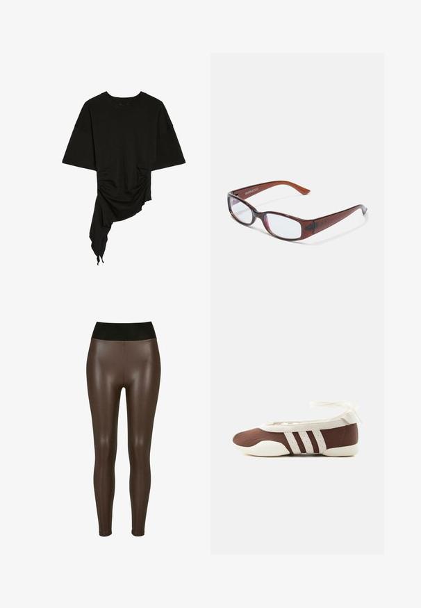 Sort kortærmet top med rund halsudskæring og asymmetrisk kant med rynkeeffekt i siden og draperet stof på den ene side.; Brune faux læder leggings med en høj sort talje, der har en glat, blank finish og en tætsiddende design til anklerne.; Brun og hvid balletflad sko med tre hvide striber og ankelbånds sløjfe på en ensartet lys baggrund.; Brune-farvede rektangulære briller med en glat overflade, der har slanke arme og gennemsigtige linser. Logoet er synligt på venstre temple.