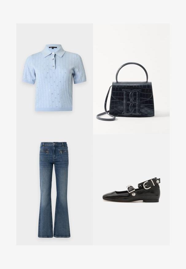 Lyseblå kortærmet strikket polo med blomster-øjelets mønster og tre knapper foran på en ensfarvet baggrund.; Blå denim jeans med flare ben og en middelhøj talje, med for- og baglommer samt en subtil falmet vask.; Sorte patenteret lædersko med firkantet tå, ankelrem med sølvhardware og flad sål. Glat tekstur med minimalistisk design.; Sort krokodillede læderhandbag med en struktureret design, top-håndtag, justerbar rem og et fremtrædende frontlogo.