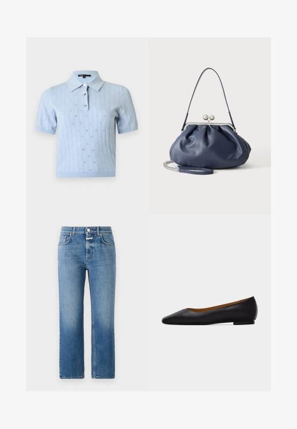 Lichtblauw gebreid poloshirt met korte mouwen, bloemmotief met opengewerkte details en drie knopen aan de voorkant, op een effen achtergrond.; CLOSED MILO - Straight leg jeans - mid blue; Zwarte leren puntschoen met lage hak en gladde afwerking, zijaanzicht op een lichtgrijze achtergrond.; Zachte navyblauwe leren handtas met zilveren sluiting, enkele schouderband en afneembare ketting polsband op witte achtergrond.