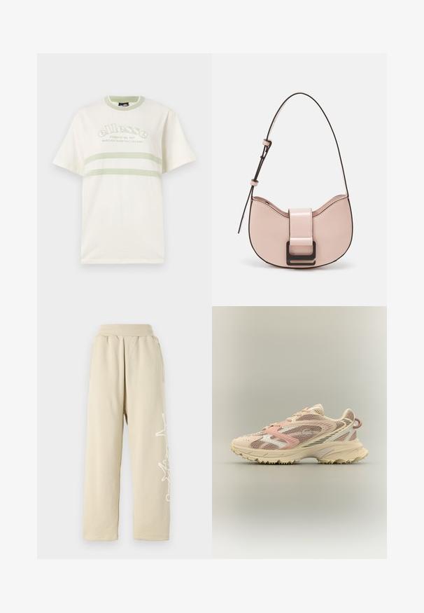 Cremfarbendes Baumwoll-T-Shirt mit rundem Ausschnitt, kurzen Ärmeln und grünen Akzentstreifen. Mit gesticktem Logo auf der Vorderseite.; Beige Sweatpants mit lockerer Passform, einem elastischen Bund, Seitentaschen und einem weißen grafischen Detail entlang des linken Beins. Aus weichem Baumwollmaterial.; Laufschuh mit pinken, beigen und cremefarbenen Mesh- und synthetischen Überzügen, dicker Sohle und strukturiertem Außensohlen für Grip, Seitenansicht.; Kleine, geschwungene Handtasche aus pinkem Leder mit glänzender Oberfläche, ausgestattet mit einem schwarzen Akzentgurt und einem großen schwarzen Verschluss. Crossbody-Design.