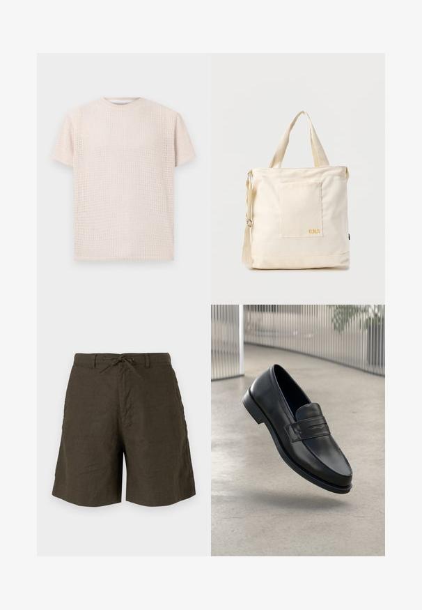 T-shirt léger beige clair à manches courtes avec un motif texturé et une coupe ample. Encolure ronde et tissu doux, adapté pour un port décontracté.; Shorts en khaki en lin, avec une taille à cordon, des poches latérales et une coupe décontractée avec une texture lisse.; Mocassin en cuir noir à texture lisse, bout pointu et bande décorative sur le cou-de-pied. Semelle légère, design minimaliste.; Sac fourre-tout en toile crème avec poche avant, deux poignées, bandoulière réglable et petit texte jaune "O.N.S" en bas à droite de la poche.