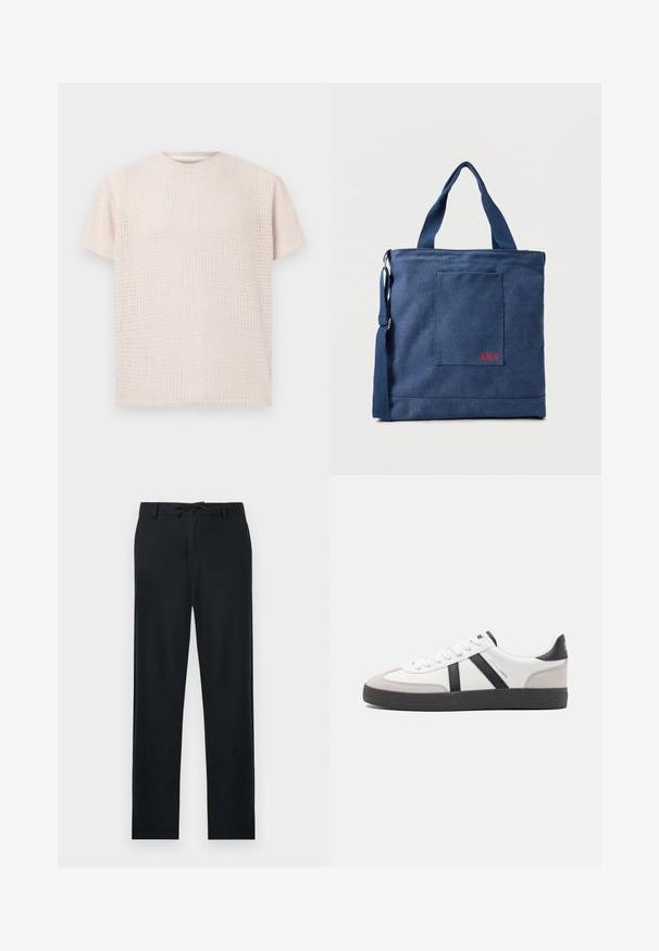 Camiseta de manga corta color beige claro con un patrón texturizado y un corte holgado. Cuello redondo y tela suave, ideal para un uso casual.; Pantalones negros de material ligero, con corte recto, cintura ajustable con cordón y dos bolsillos laterales.; Zapatilla blanca con acentos en negro y gris, que presenta una puntera texturizada en gris, suela de goma negra y cordones planos blancos. Diseño limpio, estilo minimalista.; Bolso tote de lona azul con bolsillo frontal y bordado rojo "O.N.S", con asas dobles y una correa ajustable para el hombro.