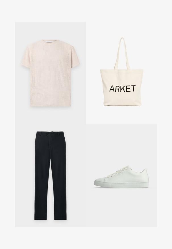 Licht beige korte mouwen t-shirt met een gestructureerd patroon en een losse pasvorm. Ronde halslijn en zachte stof, geschikt voor casual draag.; Zwarte broek van een lichtgewicht materiaal, met een rechte snit, verstelbare trekkoord taille en twee zijzakken.; Witte lage sneaker met veters, glad leren bovenwerk en platte rubberen zool, van opzij te zien tegen een effen achtergrond.; Beige canvas boodschappentas met lange hengsels en zwarte "ARKET" tekst gedrukt op de voorkant.