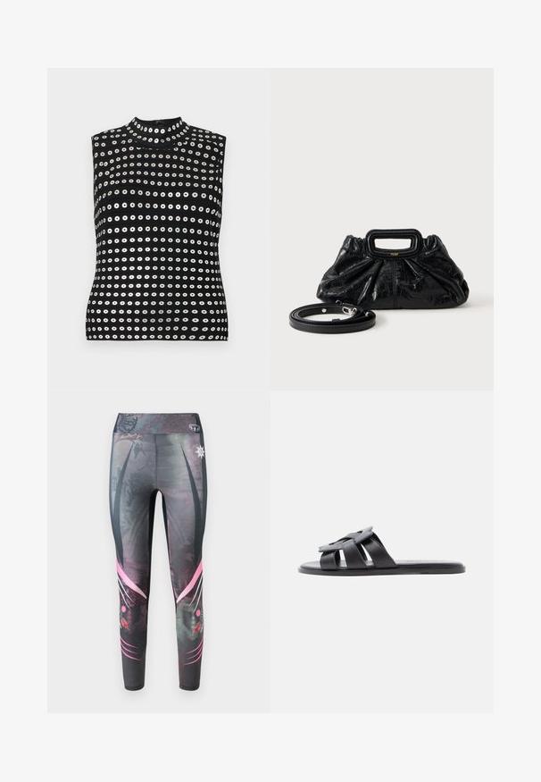 Sort ærmeløs top med høj hals, dekoreret med vandrette rækker af metalliske sølvcirkler og et tekstureret stofdesign.; Tætsiddende leggings i mørkegrå med et prikket mønster, der har pink grafiske detaljer og en høj talje.; Sort flad slid-sandal med f letvævede læderremme og åben tå, vist fra siden mod en lys baggrund.; Lille sort læderhåndtaske med rynket tekstur, rektangulært håndtag og aftagelig tynd skulderrem placeret ved siden af.
