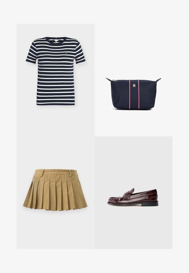 Mørkeblå og hvid, vandret striped kortærmet bomuld T-shirt med rund hals og lille logo på venstre bryst.; Plisseret nederdel i sandfarvet stof med en tætsiddende talje, flere plisseringer og en lige nederste kant. Ingen synlige lukninger eller detaljer.; Burgunderfarvet læder penny loafer med sort sål og guldfarvet metal detalje på vamp, vist i sidevisning på hvid baggrund.; Marineblå stofpose med en guldlignende logo, der har to røde og hvide striber, der løber lodret midt på, og lynlås lukning.