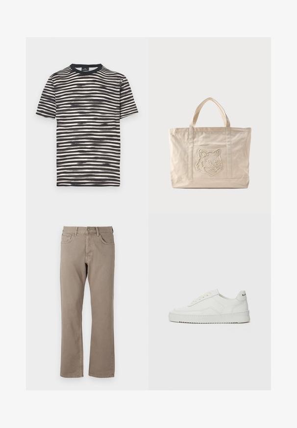 Zwart-wit gestreept T-shirt met een ronde hals, korte mouwen en een zachte textuur. Heeft afwisselend dikke en dunne strepen.; Beige straight-leg jeans van katoen, met vijf zakken, een knoop- en ritssluiting, en zichtbare stiksels langs de naden.; Witte leren sneaker met een gladde afwerking, ronde neus, platte veters en een gestructureerde zool. Kenmerkt zich door een subtiel logo op de hiel.; Beige canvas tas met dubbele handvatten en een reliëf ontwerp van een wolfskop op het voorvak.