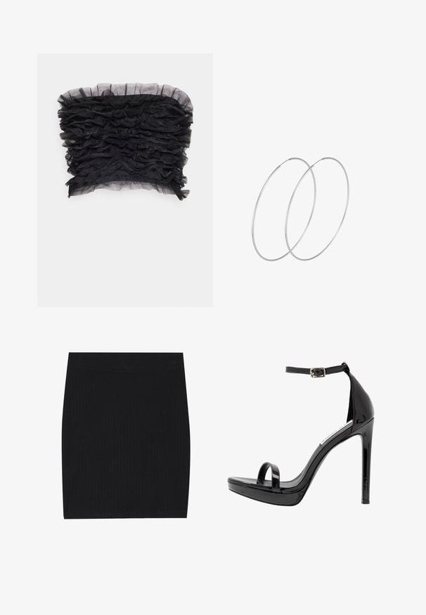 Sister Jane CHA CHA RUFFLE BANDEAU - Top - black; Sort ribbet strikket mini nederdel med et tætsiddende design, glat tekstur og en elastisk talje for komfort.; Steve Madden MILANO - Højhælede sandaletter / Højhælede sandaler - black; Sølvøreringe med et minimalistisk design. Cirkulær form, glat tekstur og tynd profil. Letvægtige med en poleret overflade.