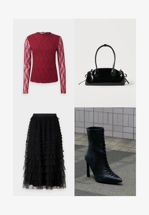 Langärmlige burgunderfarbene Spitzenbluse mit transparenten Ärmeln, floralem Muster und Rundhalsausschnitt auf einem schlichten Hintergrund.; Vero Moda VMNAJA Mid waist Long - Maxirock - black; Schwarzer Leder-Stiefelette mit hohem Absatz, vorderen Schnürsenkeln, spitz zulaufender Spitze, stehend auf Asphalt vor einer gefliesten Wand.; Kleine schwarze glänzende Handtasche mit zwei langen Griffen und seitlichen Kordelzug-Details vor einfachem hellem Hintergrund.