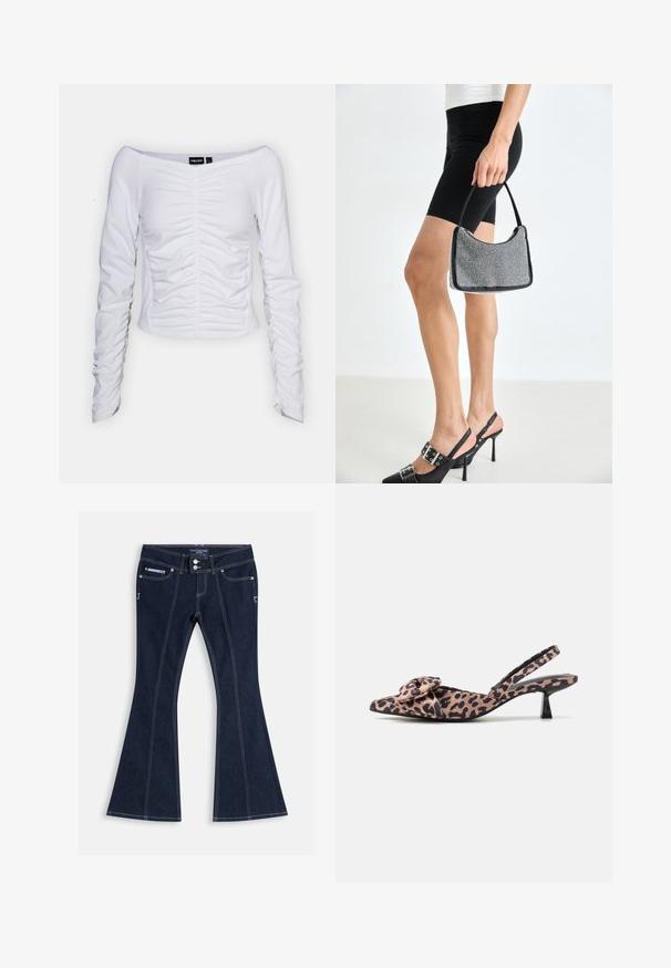 Witte lange mouwen top met een off-the-shoulder ontwerp, voorzien van geplooide textuur aan de voorkant en een getailleerde silhouet.; Donkerblauwe wijde jeans met witte stiksels, voorzakken, riemlussen en twee zilveren knopen aan de tailleband.; Puntige slingback hakken in panterprint stof met een strikaccent, voorzien van een lage zwarte hak en een soepele textuur.; Zwarte beaded handtas met een gebogen silhouet, draaghandvat en glanzende textuur. Draagt bij hoge zwarte hakken en strakke zwarte shorts.