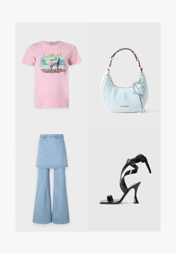 Pink Moschino T-shirt med ordet "Rebel" over et lam, der står på græs med en baggrund af sol og blå himmel.; Denim nederdel-buks hybrid, med lyseblåt stof, flared ben og synlige syninger. Designet med frontlommer og en talje.; Sorte patentlæder højhælede sandal med firkantet tå, ankelrem og guldlås på hvid baggrund.; Lyseblå læderhåndtaske med en buet form, hvide syninger, brun skulderrem, guldhardware og en dekorativ "M"-vedhæng.