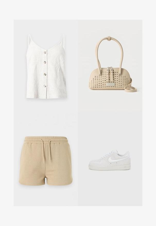 Haut blanc sans manches à boutons avec fines bretelles et motifs floraux brodés sur tissu léger.; Short beige en coton avec taille élastique et cordon à l’avant, conçu pour un usage décontracté.; Basket Nike Air Force 1 en daim blanc avec une finition texturée, bout rond et logo blanc contrastant, dotée d'une semelle en caoutchouc.; Sac à main en cuir beige avec des trous perforés, deux tirettes de fermeture éclair, doubles poignées et une longue bandoulière, posé sur un fond uni.