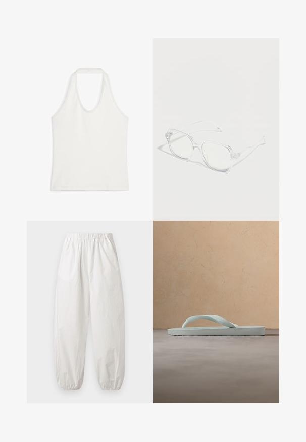 Camiseta blanca sin mangas con escote redondo, hecha de tela suave, colocada plana sobre un fondo blanco.; Pantalones blancos sueltos con cintura y puños elásticos, hechos de tela ligera, fotografiados sobre un fondo liso y claro.; Sandalia tipo chancla de goma beige claro con plantilla texturizada y correa en forma de Y sobre un fondo gris liso.; Gafas rectangulares transparentes con montura y patillas claras, colocadas sobre una superficie blanca con sombras suaves.
