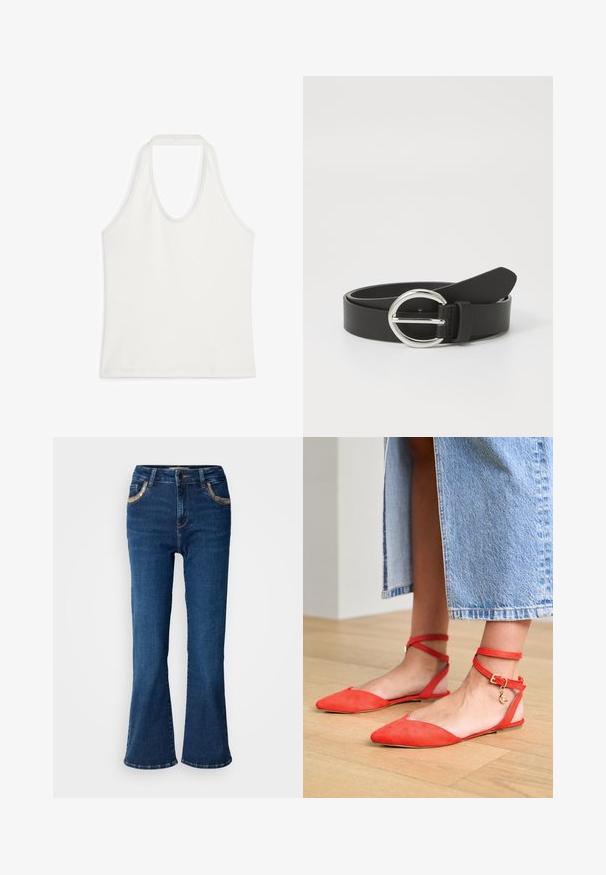 Weißes ärmelloses Tanktop mit rundem Ausschnitt, aus glattem Stoff, flach auf weißem Hintergrund gelegt.; Dunkelblaue ausgestellte Jeans mit einer glatten Denim-Oberfläche, kontrastierender goldener Naht und Akzenten an den Fronttaschen. Klassisches Fünf-Taschen-Design.; Rote Wildlederballerinas mit spitzen Zehen und Knöchelriemen, ausgestattet mit einer goldenen Schnalle und einem Halbmond-Anhänger, vor einem Holzboden.; Schwarzer Leder Gürtel mit einer runden silbernen Schnalle, glatter Textur und einem schlichten Design. Der Riemen ist verstellbar und hat ein spitzes Ende.