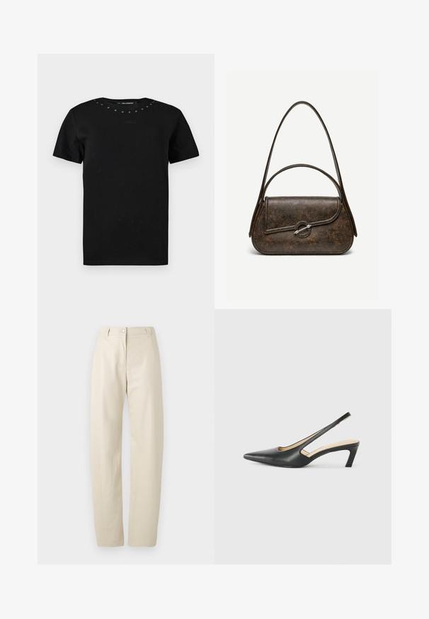 T-shirt noir à manches courtes avec encolure ronde, petits clous métalliques le long du col et signature brodée subtile sur la poitrine.; Pantalons beiges à jambe droite avec fermeture à bouton et à glissière, passants de ceinture et poches latérales sur fond blanc uni.; Slingback noir à bout pointu avec un petit talon, en cuir lisse et doté d'un design découpé sur le côté pour plus de respirabilité.; Sac à main en cuir brun foncé texturé avec deux anses, forme rectangulaire arrondie, et fermeture à bouton circulaire argenté sur le rabat avant.