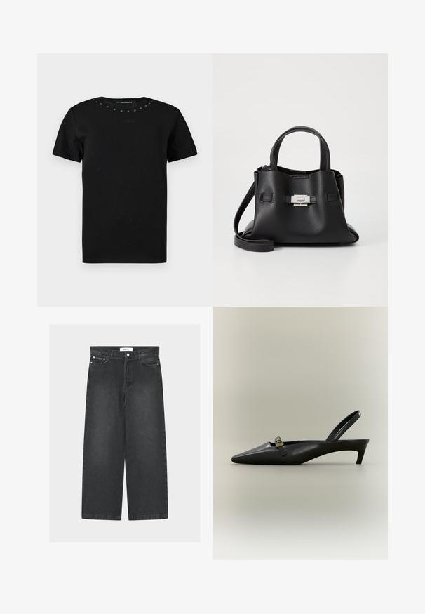 Schwarzes T-Shirt mit kurzen Ärmeln und rundem Ausschnitt, kleine Metallnieten entlang des Kragens und dezentes besticktes Signatur-Logo auf der Brust.; Schwarze weite Denim-Hose mit hoher Taille, vorderen Taschen und Knopfverschluss. Verfügt über einen Tunnelzug in der Taille und eine glatte Textur.; Schwarzer Slingback-Kitten-Heel aus Leder mit spitz zulaufender Zehenpartie und kleiner goldfarbener Schnalle auf einfarbigem Hintergrund.; Schwarze Ledertasche mit strukturiertem Finish, ausgestattet mit zwei oberen Griffen, einem abnehmbaren Schultergurt und einem silbernen Verschlussdetail.