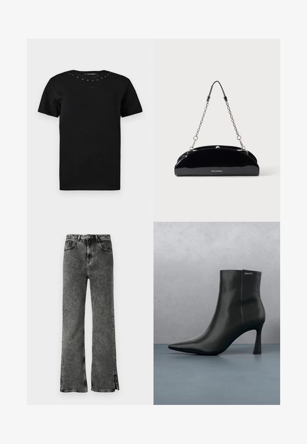 Zwart T-shirt met korte mouwen en ronde hals, kleine metalen studs langs de kraag, en een subtiele geborduurde handtekening op de borst.; Zwarte flared jeans met een vervaagde wassing, hoge taille en zijopeningen aan de zoom. Gemaakt van denim met een soepele textuur en een klassiek vijf-pocket ontwerp.; Zwarte leren enkellaars met spitse neus en een geometrische hak. Heeft subtiele branding en een gladde textuur. De achtergrond heeft getextureerde tegels.; Zwarte glanzende handtas met een zilveren kettingband en klein KARL LAGERFELD-logo aan de voorkant, tegen een effen lichte achtergrond.