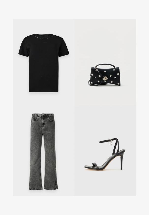 Camiseta negra de manga corta con cuello redondo, pequeños tachuelas metálicas a lo largo del cuello y una sutil firma bordada en el pecho.; Vaqueros negros acampanados con un lavado desvaído, talle alto y aberturas laterales en el bajo. Hechos de mezclilla con una textura suave y un diseño clásico de cinco bolsillos.; Sandalia de tacón alto negra con una estrecha correa en el tobillo, punta cuadrada, material de cuero liso y detalle de hebilla metálica.; Bolso de mano de piel negra con tachuelas plateadas, asa superior, correa de hombro desmontable y cierre decorativo plateado sobre un fondo liso.