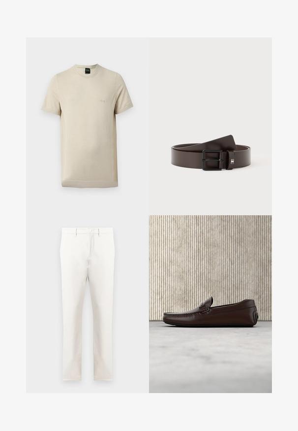 T-shirt beige à manches courtes avec col rond, texture subtile et petit logo "BOSS" en relief sur la poitrine gauche.; Pantalons beiges en tissu lisse, avec une coupe droite, des poches avant, une fermeture éclair et un bouton unique à la taille.; Mocassins en cuir marron avec une finition lisse, des coutures de style mocassin, un bout rehaussé et une semelle en caoutchouc basse et flexible.; Ceinture en cuir marron foncé avec une boucle métallique rectangulaire noire, enroulée sur un fond blanc.