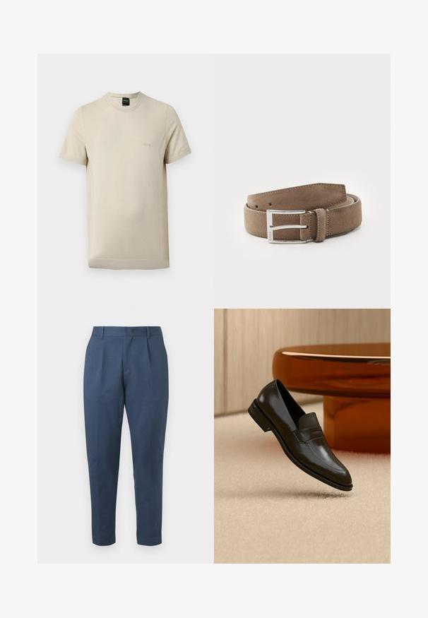 T-shirt beige à manches courtes avec col rond, texture subtile et petit logo "BOSS" en relief sur la poitrine gauche.; Pantalon sur mesure bleu marine avec un devant plat, des plis et une jambe fuselée. Confectionné en tissu texturé avec une finition lisse. Pas de poches visibles.; Mocassin en cuir noir au design élégant, doté d'une bande texturée et d'une finition lisse. Présenté sur un fond doux et clair.; Ceinture en daim de couleur marron clair, avec une texture lisse et une boucle en métal argenté. Présente cinq trous et des bords cousus pour une meilleure durabilité.