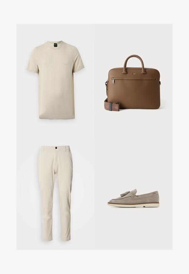 Beige T-shirt med korte ærmer og rund hals, med subtil tekstur og lille præget "BOSS"-logo på venstre bryst.; Beige chinos med lige ben, lavet af blødt bomuldsstof, med lynlås og en enkelt sort knaplukning.; Lysebrun herre loafer i ruskind med kvastdetalje og cremefarvet gummisål, sidevisning på ensfarvet baggrund.; Brun lædermappe med top håndtag, lomme foran med lynlås og aftagelig matchende skulderrem på hvid baggrund.