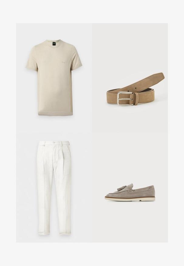 T-shirt beige à manches courtes avec col rond, texture subtile et petit logo "BOSS" en relief sur la poitrine gauche.; Pantalon blanc sur mesure avec plis à l'avant, poches latérales, passants de ceinture et fermeture par bouton.; Mocassin homme en daim marron clair avec détail pompon et semelle en caoutchouc crème, vue de côté sur fond uni.; Ceinture en daim marron clair avec boucle métallique argentée, roulée et posée sur une surface blanche.