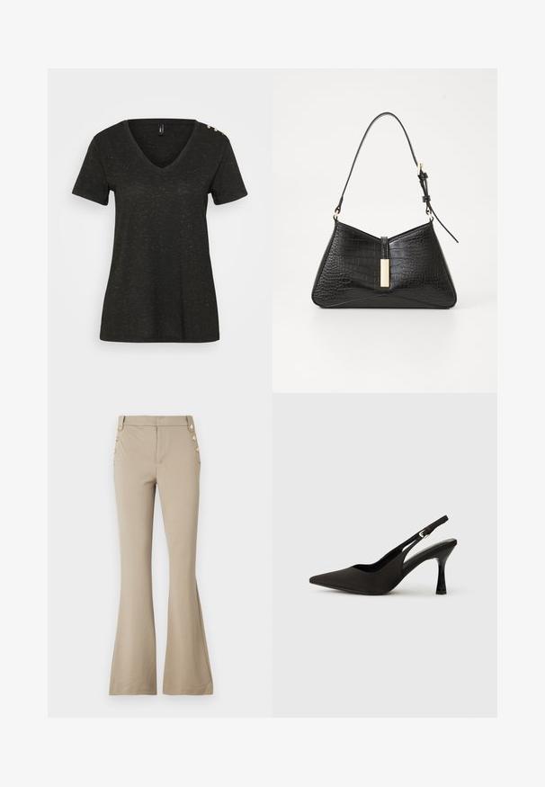 T-shirt noir à manches courtes avec un col en V, décoré de paillettes dorées et de boutons décoratifs sur l'épaule pour plus de détails.; Pantalons évasés beiges en tissu doux, avec une taille ajustée et cinq boutons décoratifs dorés de chaque côté. Texture lisse sans motifs.; Chaussures à talons noires avec une bride, à bout pointu, finition mate lisse et talon fin brillant. Sangle ajustable avec petit détail de boucle.; Sac à main noir en matériau imitation croco, doté d'une forme triangulaire, d'une fine sangle pour l'épaule et d'un accent en métal doré au centre.