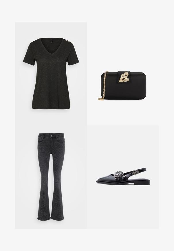 T-shirt noir à manches courtes avec un col en V, décoré de paillettes dorées et de boutons décoratifs sur l'épaule pour plus de détails.; Jean noir évasé en denim, orné de clous métalliques sur l'ensemble. Cinq poches et fermeture à bouton à l'avant.; Escarpin slingback plat en cuir noir à bout pointu avec trois brides à boucle et matériel argenté sur fond blanc.; Pochette rectangulaire noire aux bords arrondis, fermoir abstrait doré et bandoulière en chaîne dorée sur fond blanc.