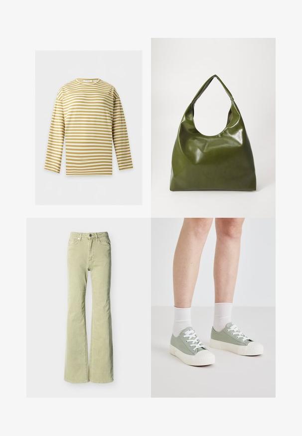Camisa de manga larga con rayas horizontales beige y blancas, cuello redondo y corte holgado, mostrada sobre un fondo claro liso.; Vaqueros acampanados de color verde claro con cierre de botón y cremallera, bolsillos delanteros y traseros, y trabillas para cinturón sobre un fondo blanco.; Zapatillas de lona verde claro con suelas y cordones de goma blanca. Presentan una punta redondeada y una suela blanca texturizada. Acompañadas de calcetines blancos.; Bolsa hobo verde de cuero con un diseño suave, asa curvada y textura lisa. No contiene hardware visible ni acentos.