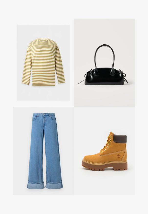 Chemise à manches longues avec des rayures horizontales beige et blanches, col rond et coupe décontractée, présentée sur un fond clair uni.; Jean en denim bleu clair à jambes larges avec une taille haute, des poignets roulés, un design à cinq poches et une fermeture à bouton avec un zip.; Bottine chevauchant la cheville en tan imperméable avec une semelle en caoutchouc robuste, un bout rond, un col en cuir brun, des lacets jaunes et un logo sur le côté.; Petit sac à main noir brillant avec deux longues anses et des détails à cordon sur les côtés sur un fond clair uni.