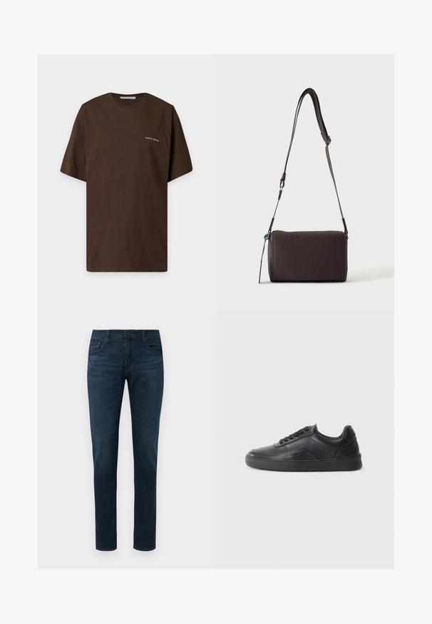 Donkerbruine T-shirt met korte mouwen en ronde hals met kleine witte "Tiger of Sweden" tekst op de linkerborst.; Donkerblauwe slim-fit jeans met vijf zakken, sluiting met een knoop aan de voorkant en ritssluiting, tentoongesteld tegen een witte achtergrond.; Zwarte leren sneaker met een gladde afwerking, ronde neus, textuurpaneel aan de zijkant en zwarte veters. Voorzien van een platte rubberen zool en een minimalistisch ontwerp.; Donkerbruine gestructureerde leren crossbodytas met verstelbare riem en klein decoratief blauw accent aan de zijkant.