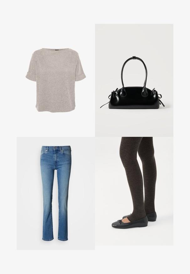 Blouse texturée gris clair à manches courtes, col rond et poignets repliés, coupe ample.; Jean en denim bleu clair avec une coupe droite, présentant un design classique à cinq poches et un léger effet délavé, fini avec des éléments métalliques.; Jambes portant des leggings côtelés foncés associés à des ballerines noires avec de petits détails en nœud sur fond blanc.; Petit sac à main noir brillant avec deux longues anses et des détails à cordon sur les côtés sur un fond clair uni.