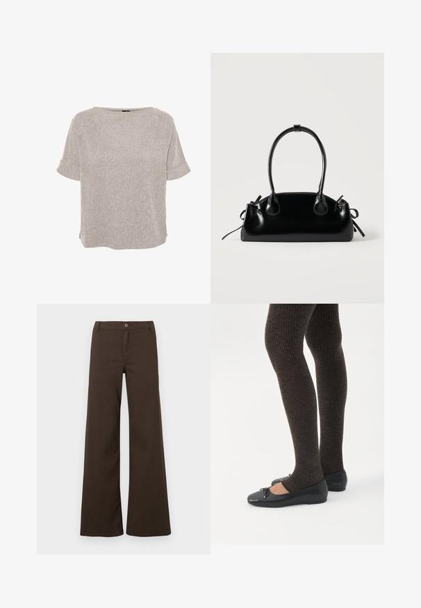 Blouse texturée gris clair à manches courtes, col rond et poignets repliés, coupe ample.; Pantalons larges taille haute marron foncé avec fermeture à bouton et passants de ceinture, présentés sur un fond blanc uni.; Jambes portant des leggings côtelés foncés associés à des ballerines noires avec de petits détails en nœud sur fond blanc.; Petit sac à main noir brillant avec deux longues anses et des détails à cordon sur les côtés sur un fond clair uni.