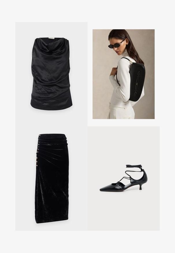 Schwarzes Top mit Kapuze, aus glattem Stoff, mit drapiertem Design, weicher Textur und taillierter Silhouette. Nahtloser Abschluss am Saum.; Rabanne Bleistiftrock - black; Schwarzer spitzer Kitten-Heel-Schuh mit Knöchelriemen und Cutout-Details an den Seiten, dargestellt auf einfachem, hellem Hintergrund.; Frau mit schwarzen Sonnenbrillen und weißem Rollkragen trägt eine elegante schwarze Schultertasche vor neutralem Hintergrund.