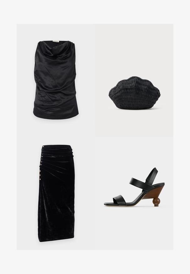 Mustmustar inetu kaelusega top, mis on valmistatud siledast kangast, omades drapeeringu disaini, pehmet tekstuuri ja sobivat siluetti. Saum on katkematu.; Rabanne Pliiatsseelik - black; Mustast nahast avatud varbaga sandaal kahe rihmaga ja puidust kiilkontsaga, millel on ümmargune palli-kujuline alus.; Mustast punutud käsitööna valmistatud käekott, mis on kujult fenkoli koore sarnane, ümaral küljel ja kootud tekstuuriga ning lihtsal taustal.