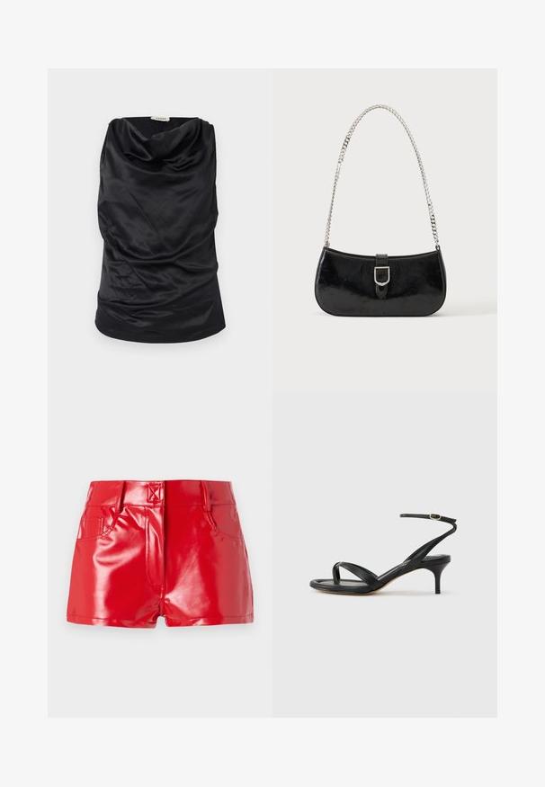 Top negro con cuello vuelto, hecho de una tela suave, con un diseño drapeado, textura blanda y una silueta ajustada. Acabado sin costuras en el dobladillo.; Shorts de imitación cuero rojo con un acabado brillante, cuentan con una cintura alta, bolsillos delanteros y detalles de costura. Diseño estructurado y ajustado.; Sandalia negra de cuero para mujer con tiras finas, un lazo para el dedo del pie, hebilla en el tobillo y tacón de aguja de altura media sobre un fondo neutro.; Bolso de hombro de charol negro con detalle de hebilla plateada y correa de cadena plateada, presentado sobre un fondo liso y claro.