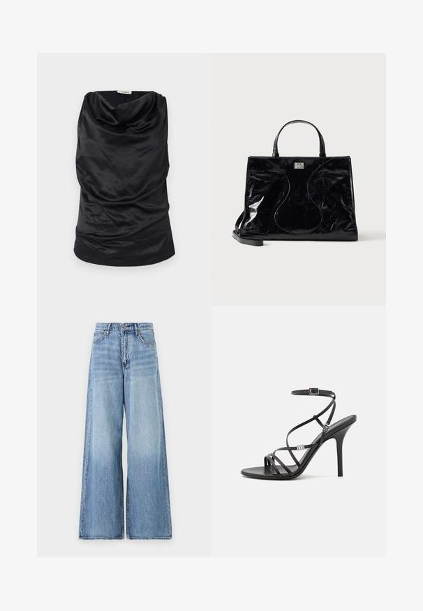 Haut noir à col bateau en tissu lisse, avec un design drapé, une texture douce et une silhouette ajustée. Finition sans couture le long de l'ourlet.; Jean large bleu clair en denim. Présente une taille haute, de grandes jambes évasées et un style classique à cinq poches avec quincaillerie en métal.; Sandale noire à talons hauts avec des brides fines, une boucle à la cheville, une surface en cuir lisse et un talon aiguille élancé.; Sac à main en cuir noir brillant avec poignées courtes, bandoulière amovible et détails de couture discrètement courbés à l’avant.