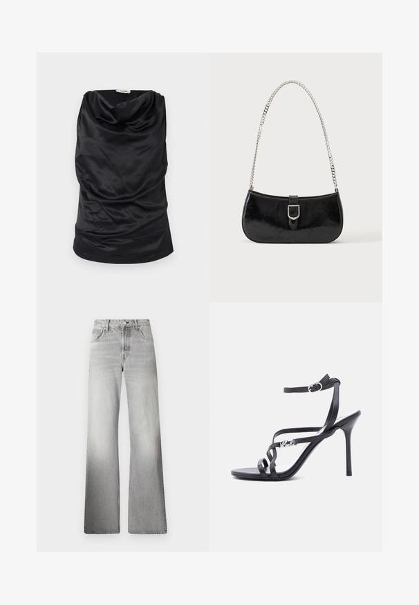 Zwarte coltrui gemaakt van gladde stof, met een gedrapeerd ontwerp, zachte textuur en een getailleerde silhoutte. Naadloze afwerking langs de onderrand.; Grijze denim wijde broek met hoge taille, vervaagde textuur, vijf zakken en een rits met knoopsluiting.; Zwarte high-heeled sandaal met dunne bandjes, enkelgesp en een metalen logodetail aan het zijbandje, afgebeeld tegen een witte achtergrond.; Zwarte lakleren schoudertas met een zilveren gespdetail en een zilveren kettingriem, getoond tegen een effen lichte achtergrond.