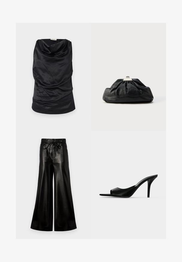 Schwarzes Top mit Kapuze, aus glattem Stoff, mit drapiertem Design, weicher Textur und taillierter Silhouette. Nahtloser Abschluss am Saum.; Schwarze Leder-Hosen mit weitem Bein und Kordelzugbund. Glatte Textur, hohe Taille, lockere Passform, mit seitlichen Taschen und Knopfverschluss.; Schwarzer Leder-Pantolette mit offenem Zehenbereich und hohem, schlankem Stiletto-Absatz, im Seitenprofil vor neutralem Hintergrund gezeigt.; Schwarze Leder-Clutch mit geraffter Textur, Metallverschluss und dezentem, auf der Vorderseite geprägtem Logo. Abgerundete Form.