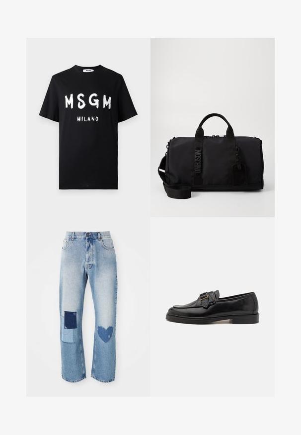 Čierne bavlnené tričko s tučnými bielymi nápismi "MSGM MILANO." Krátke rukávy a okrúhly výstrih. Hladká textúra s voľným strihom.; Svetlo modré džíny s rovnom strihom, ktoré obsahujú dva nášivky: štvorcovú a srdcovú, obe v tmavších odtieňoch denimu.; Čierne kožené poltopánky s okrúhlou špičkou a dekoratívnym prackovým detailom. Plochý, pevný podpätok a hladká textúra po celom povrchu.; Čierna cestovná taška vyrobená z nylónu, s dvoma držadlami, odnímateľným ramenným popruhom, embosovaným logom a menovkou. Hladká textúra.