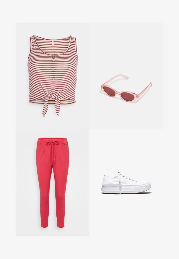 ONLY Petite ONLCANNES KNOT TOP - Μπλουζάκι με στάμπα - amaranth cloud dancer; ONLY Petite ONLPOPTRASH LIFE EASY PANT - Παντελόνι - viva magenta; Λευκό καμβαδένιο αθλητικό παπούτσι χαμηλού προφίλ με παχιά σόλα τύπου πλατφόρμας, δέσιμο με κορδόνια μπροστά και λαστιχένιο καπάκι δακτύλων με υφή, απεικονίζεται σε πλευρικό προφίλ.; Ροζ διαφανή γυαλιά ηλίου με ωοειδείς φακούς, σκούρο κόκκινο τόνισμα και κομψούς βραχίονες, με απαλή υφή και διακριτές λεπτομέρειες στο σκελετό.
