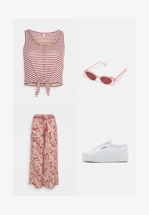 ONLY Petite ONLCANNES KNOT TOP - Tričko s potlačou - amaranth cloud dancer; Vero Moda Petite VMBALI WIDE PANTS - Nohavice - marsala; Biele plátenné tenisky s hrubou bielou platformou, okrúhlou špičkou a kovovými očkami na šnúrky. Logo značky zobrazené na boku.; Ružové priehľadné slnečné okuliare s oválnymi šošovkami, tmavočerveným tónovaním a štíhlymi ramenami, so hladkým povrchom a jemnými detailmi na ráme.