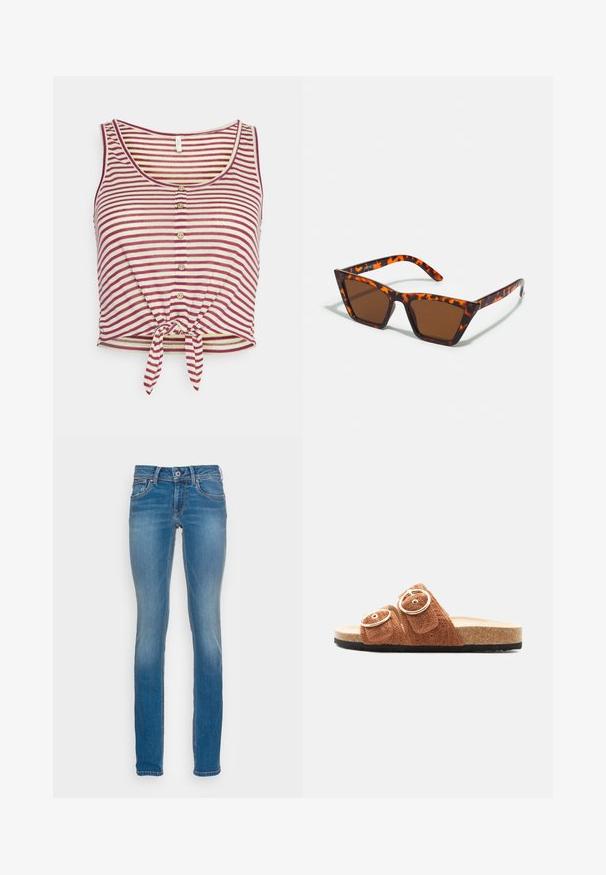 ONLY Petite ONLCANNES KNOT TOP - Tričko s potlačou - amaranth cloud dancer; Svetlomodré džíny s priliehavým strihom, piatimi vreckami a kontrastným oranžovým šitím, s uzatváraním na gombík a zips.; Hnedá textúrovaná šľapka s dvoma nastaviteľnými remienkami s okrúhlymi zlatými prackami a korkovou podrážkou s čiernym dnom.; Hnedé slnečné okuliare s motívom korytnačiny, ostré rámy a štíhle nožičky. Ľahký plastový materiál.