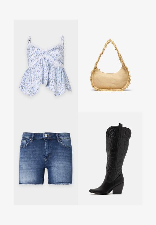 Lichtblauwe bloemen-tanktops met dunne bandjes, kantafwerking en een uitlopende zoom. Het materiaal lijkt zacht met een delicaat bloemenpatroon.; Denim shorts in een middelblauwe wassing met een rechte snit. Heeft vervaagde gedeelten, een voorzak en een onafgewerkte zoom aan de onderkant.; Zwarte leren kniehoge laarzen met puntige neus en gestapelde hak. Voorzien van decoratief stiksel en gebogen designelementen.; Geverfde beige tas met een ronde vorm, rafelige rand langs de randen en een korte schouderband. Ritsopening aan de bovenkant.
