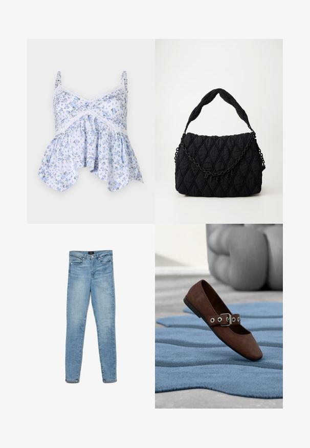 Lichtblauwe bloemen-tanktops met dunne bandjes, kantafwerking en een uitlopende zoom. Het materiaal lijkt zacht met een delicaat bloemenpatroon.; Lichtblauwe vervaagde skinny jeans met een knoopsluiting aan de voorkant en vijf zakken, plat gelegd op een witte achtergrond.; Bruine suède platte schoen met gespband, rustend op een blauw gestructureerd tapijt met grijskleurig getufte meubels op de achtergrond.; Zwarte gewatteerde schoudertas met een gewatteerd handvat en een decoratieve ketting met de letters "DIESEL" op de voorklep.