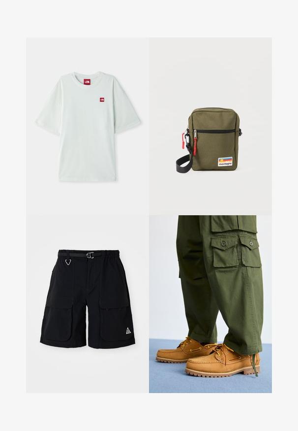 Camiseta de manga corta verde claro hecha de algodón suave, con una pequeña etiqueta de logo rojo en el área del pecho izquierdo. Corte relajado y escote redondo.; Bermudas de cargo negras con cinturilla elástica, cinturón integrado, grandes bolsillos laterales y logo ACG en triángulo en la pierna derecha.; Timberland AUTHENTIC 3 EYE - Náuticos - wheat; Bolso bandolera compacto de color verde oliva con correa negra, bolsillo frontal con cremallera y tiradores rojos, y parche "montagne" con rayas de atardecer.