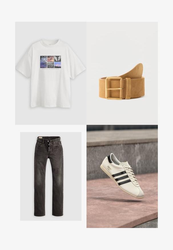 Weißes Baumwoll-T-Shirt mit einem Motiv aus neun Bildern, darunter Schmetterlinge und Landschaften, mit zentriertem Text "Ethereal Metamorphosis".; Dunkelgraue gerade Jeans aus Denim, mit Knopfverschluss, Fünf-Taschen-Design und dezenten ausgewaschenen Details auf dem Stoff.; Weißer Adidas-Sneaker mit schwarzen Streifen und beige-farbener Sohle, der über einer rosa gefärbten Betonfläche und einem grauen Steinhintergrund schwebt.; Hellbrauner Wildledergürtel mit breitem Riemen und rechteckiger goldener Metallschnalle, auf weißem Hintergrund aufgerollt.