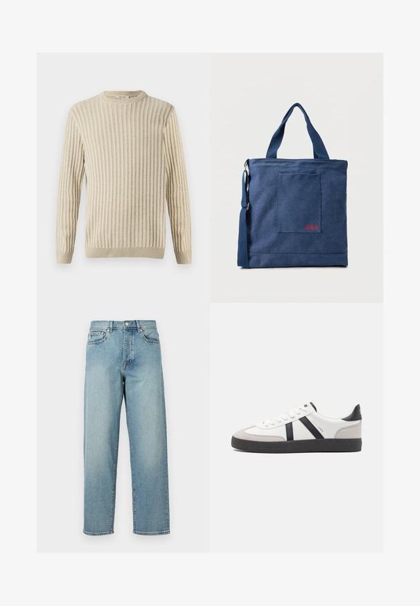 Only & Sons ONSBRANT CREW KNIT - Printtipaita - beige; Vaaleansiniset farkut, joissa on löysä malli, suorat lahkeet, viisi taskua ja nappikiinnitys vyötäröllä. Minimalistinen ommel yksityiskohta.; Valkoiset lenkkarit mustilla ja harmailla yksityiskohdilla, joissa on teksturoitu harmaa kärki, musta kumipohja ja litteät valkoiset nauhat. Siisti muotoilu, minimalistinen tyyli.; Sininen kangaskassi, jossa etutasku ja punainen "O.N.S"-kirjailu, kaksin kahvoin ja säädettävällä olkahihnalla.