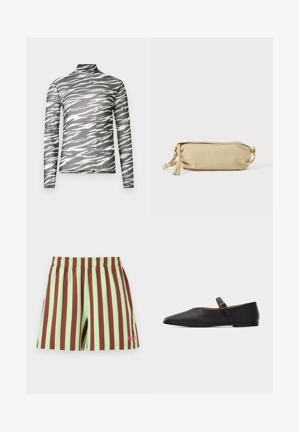 Haut à col montant et manches longues en tissu transparent, présentant un motif zébré noir et blanc. Texture douce avec une silhouette ajustée.; Shorts courts à rayures verticales vert menthe et marron avec une ceinture élastique, avec un petit logo rose sur la partie inférieure de la jambe droite.; Chaussure Mary Jane plate en cuir noir avec bout pointu et bride réglable à boucle sur un fond gris uni.; Pochette en cuir beige avec fermeture éclair dorée et pompon, bandoulière réglable avec ferrures dorées, posée à plat sur fond blanc.